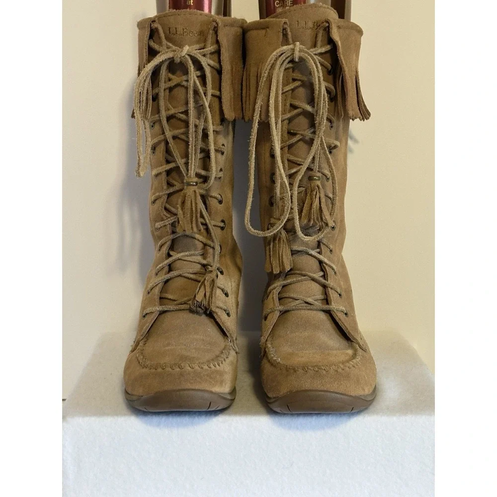 L L Bean Suede Leather Tan Tassel Fringe Sheepskin Lined Winter Boots Size 7‎ M
